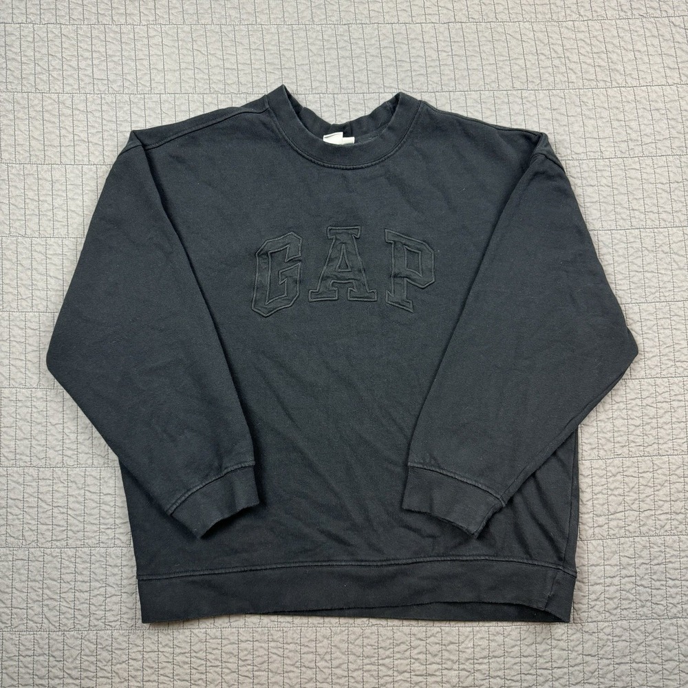 GAP‎ Crewneck Sweatshirt Women's Large Black Boxy Fit Y2K Embroidered Spell Out
